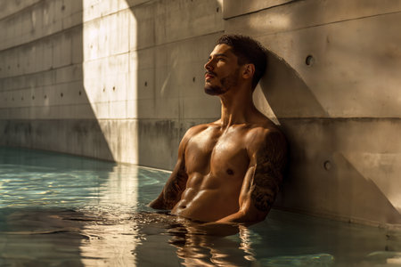A tattooed, athletic man tranquilly sitting in a spa pool, basking in the warm sunlight near a concrete wall.の素材