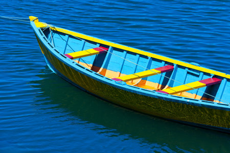 Fishing boat at Southern Chile, Queule, Chile, South Americaの写真素材