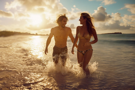 Happy Couple Enjoying a Sunset Run Along a Tropical Beach Shorelineの素材