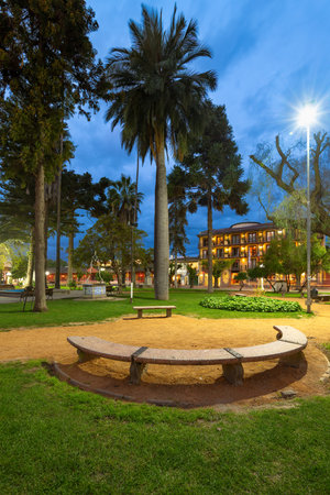 Santa Cruz, Colchagua valley, Chile - View of the main square of Santa Cruz town with the facade of the Santa Cruz Plaza Hotel and it's traditional Spanish architecture.のeditorial素材