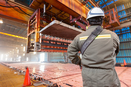 Calama, Antofagasta Region, Chile - Worker controlling the crane that transports the copper cathodes at an electrowinning plant in El Abra copper mine.のeditorial素材