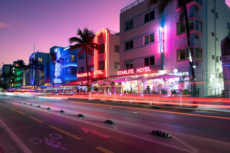 South Beach, Miami, Florida, United States - Hotels, bars and restaurants at Ocean Drive in the famous Art Deco district.のeditorial素材