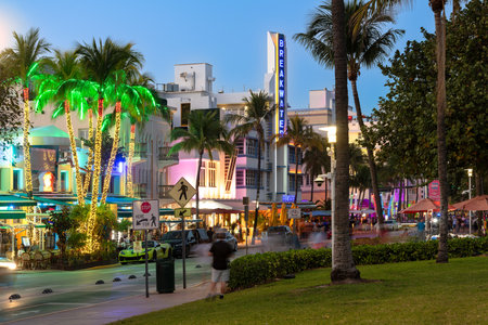 South Beach, Miami, Florida, United States - Hotels, bars and restaurants at Ocean Drive in the famous Art Deco district.のeditorial素材