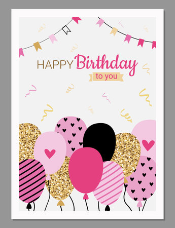Happy birthday card with balloons and calligraphy. Cute vector illustration template in flat styleのイラスト素材