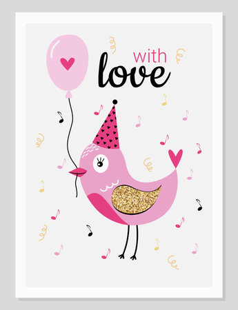 Cute greeting card with cute bird and lettering. Vector illustration in flat style.のイラスト素材