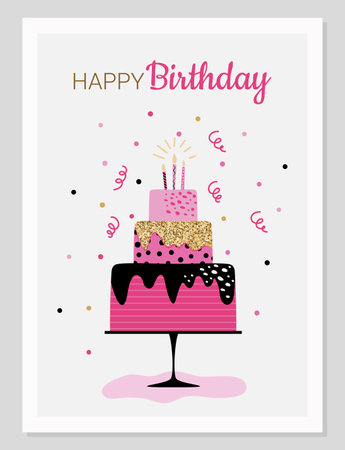 Happy birthday greeting card with cake, confetti and candles. Cute vector illustration template in flat style.のイラスト素材