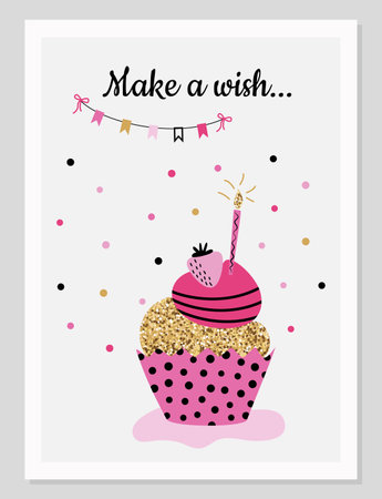 Happy birthday card with cupcake and confetti. Vector illustration.のイラスト素材