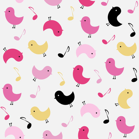 Seamless pattern with birds and notes in flat style. Vector illustration of pink, gold and black elements on a light background. Concept for holidays, birthday, Valentine's Day.のイラスト素材