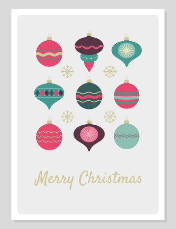 Christmas card with craft decorations. Vector illustration with vintage Christmas tree decorations in flat style.のイラスト素材