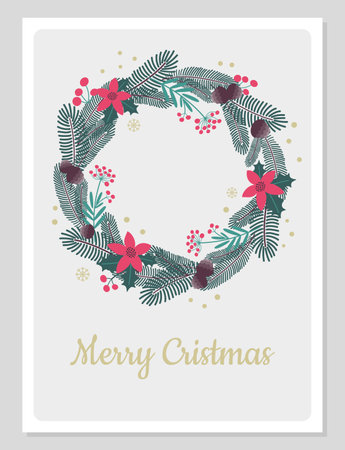 Christmas card with simple craft decorations in flat vintage style. Vector illustration with Christmas wreath.のイラスト素材