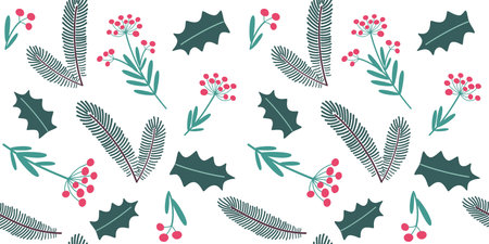 Simple christmas seamless in craft cartoon style. Cute vector illustration of Christmas tree, rowanberry and leaves on transparent background. Pattern in green and pink colors.のイラスト素材