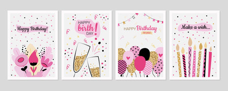 Bright birthday cards collection in retro style. Set of cards with glitter, confetti, bouquet, glasses, balls and candles.のイラスト素材