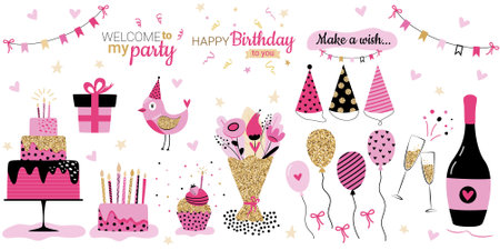 Bright birthday decorations big set. Collection of holiday decorations in simple flat cartoon style. Vector illustration.のイラスト素材