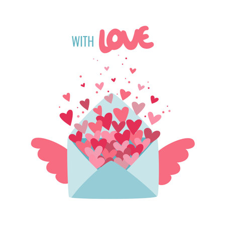 Valentine gift social concept in flat style. Envelope with flying hearts.のイラスト素材