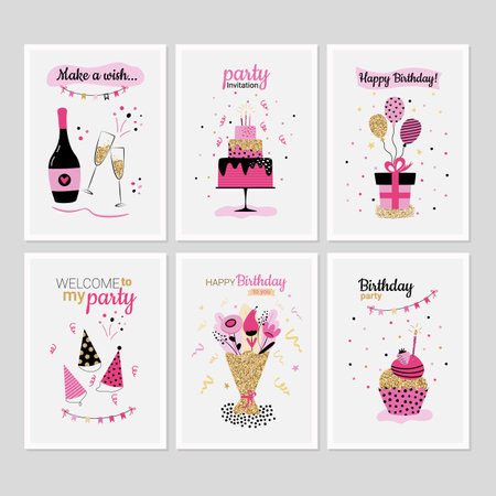 Set of 6 cute creative cards templates with Happy birthday theme design. Hand Drawn card for birthday, anniversary, party invitations, scrapbooking. Vector illustrationのイラスト素材