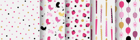 Set of seamless patterns with balloons, confetti and birds. Vector illustration.のイラスト素材