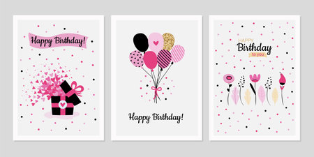 set of happy birthday cards with balloons helium and gift vector illustration designのイラスト素材