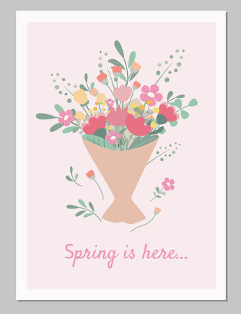 Cute card or poster for the spring holiday with flowers. Flat cartoon vector illustration.のイラスト素材