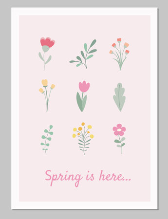 Cute card or poster for the spring holiday with flowers. Flat cartoon vector illustration.のイラスト素材