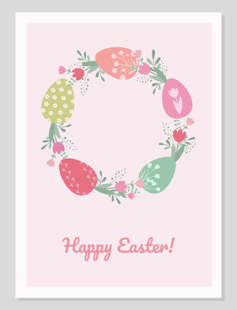 Easter card simple in vintage design. Cute easter bunny and easter eggs vector illustration.のイラスト素材