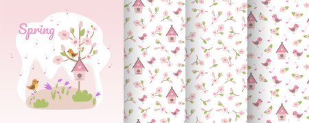 Floral seamless patterns in flat design. Cute spring illustrations for fabric, paper and clothing.のイラスト素材