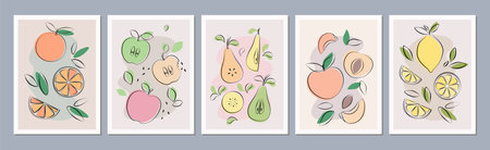 Fruit posters set in flat design. Fruit label, fruit icon. Illustration of orange, apple, pear, peach, lemon in simple style.のイラスト素材