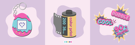 Set illustrations in 90 style. Cool stickers, virtual pet and camera film roll in flat design....