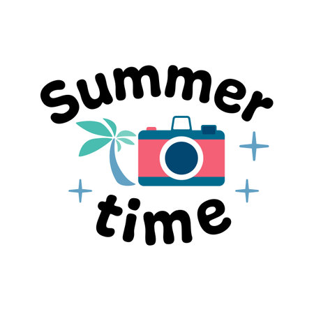 Summer time lettering with camera and palm tree. Vector illustration.のイラスト素材