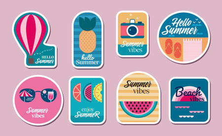 Summer mood stickers collection in modern design. A set of summer illustrations in flat style. Vector illustration.のイラスト素材