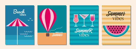 Summer mood set of illustrations in flat design. Hello summer. Summer vibes. Summer card or poster concept in geometric style. Vector illustration.のイラスト素材