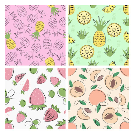 Set of fruit seamless patterns with strawberry, pineapple, peach in simple flat design. Vector illustration.のイラスト素材