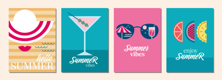 Summer time set of illustrations in flat design. Hello summer. Summer mood. Summer card or banner concept in geometric style. Vector illustration.のイラスト素材