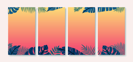 Social media template stories in flat design. Summer mood illustrations with tropical leaves for publications. Vector illustration.のイラスト素材