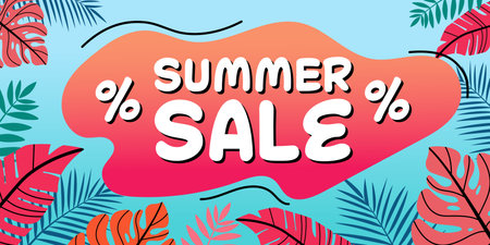 Summer sale. Summer offer. Bright banner template. Exotic concept. Vector illustration with tropical leaves on yellow background.のイラスト素材