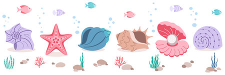 Seashells and Ocean plants set in simple style. Seaweed collection in flat design on a white background.のイラスト素材