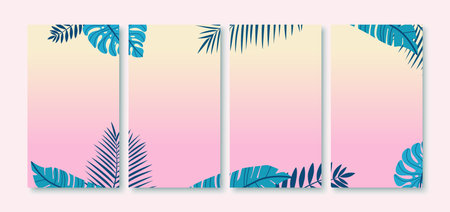 Summer background for social media stories with tropical leaves. Social media template stories in flat design. Stock illustration.のイラスト素材