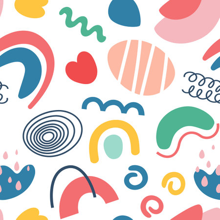 Abstract seamless pattern in cartoon design on a white background. Bright hand drawn isolated elements in flat style. Vector illustration.のイラスト素材
