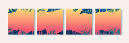 Summer vacation. Social media templates set in flat design. Trendy editable social media posts. Concept with tropical leaves. Stock illustration.のイラスト素材
