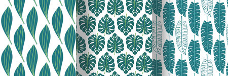 Set of tropical seamless pattern. Flat design.Collection of patterns with tropical leaves. Stock...