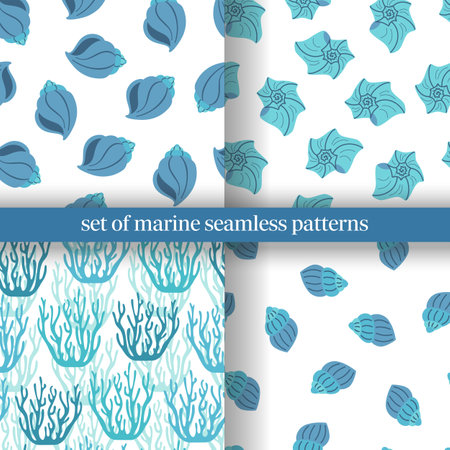 Set of marine seamless patterns in cartoon style. Patterns with seashells and corals in flat design.のイラスト素材