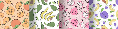 Set of fruit seamless patterns with avocado, dragon fruit, plum, persimmon in simple flat design. Vector illustration.のイラスト素材