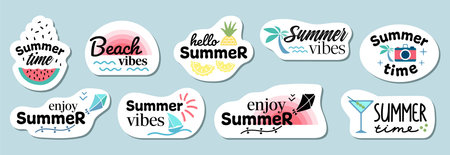 Summer mood stickers set in flat design. Hello summer. Summer time. Summer vibes illustration collection.Summer logo design.のイラスト素材