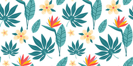 Seamless pattern with tropical leaves and flowers in simple design. Summer pattern with exotic plants for fabric and wallpaper. Flat vector illustration.のイラスト素材