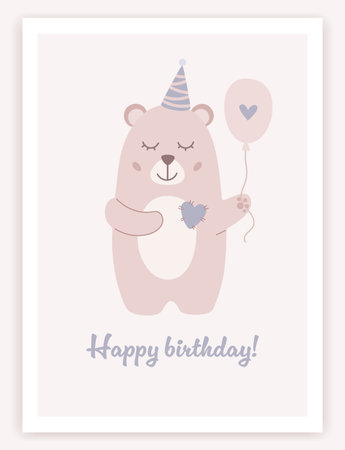 Ð¡hildren's magic happy birthday elements. Birthday trendy greeting card in flat design. Cute bear illustration. Ð¡hildren's party poster, banner or invitation. Cartoon design.のイラスト素材