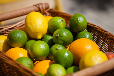 Color picture of lemons, limes and oranges in wicker basketの写真素材