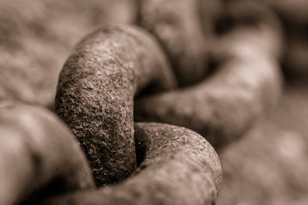 Black and white picture of a rusty metal chain, selective focusの写真素材