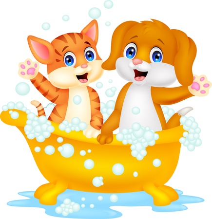 Cartoon cute cat and dog bathing time のイラスト素材