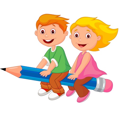 Cartoon boy and girl flying on a pencil のイラスト素材