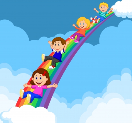 Cartoon Kids Sliding Down a Rainbow のイラスト素材