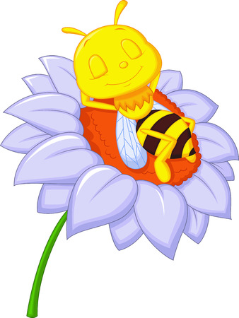 Little bee cartoon sleeping on the big flower のイラスト素材
